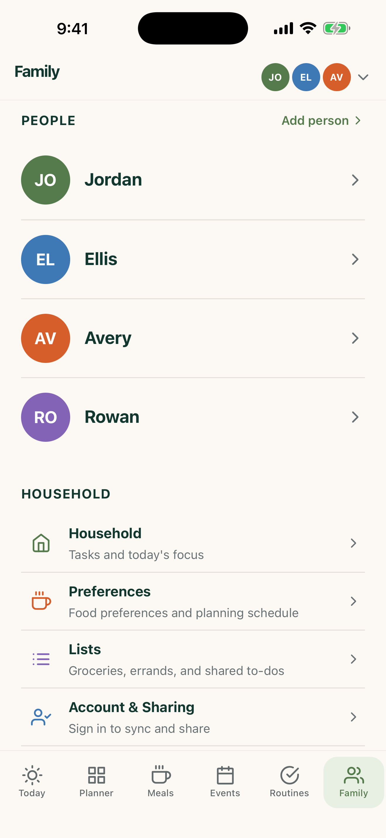 FamilyWise Family screen