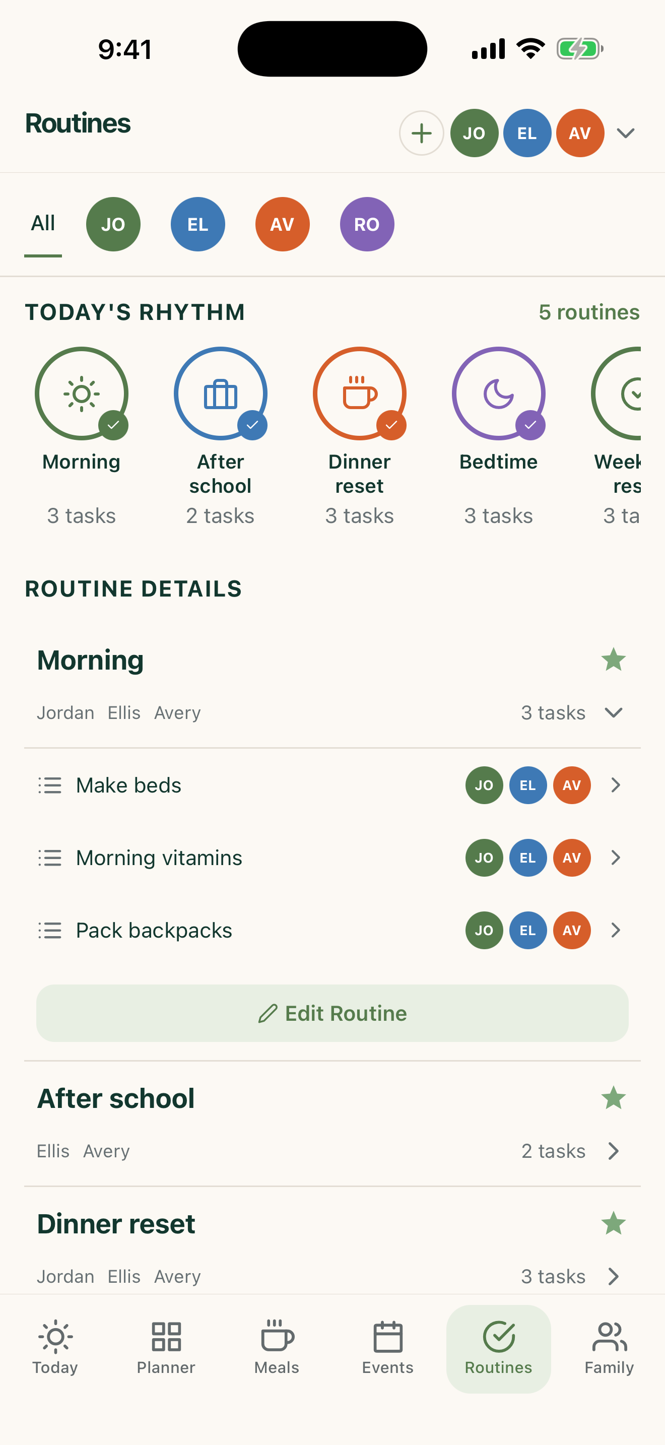 FamilyWise Routines screen