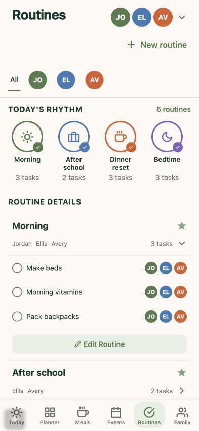 FamilyWise Routines screen
